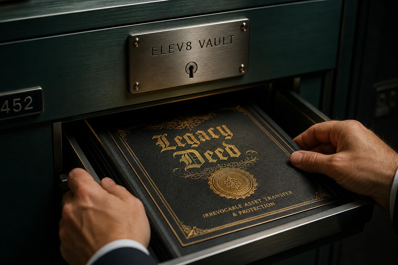 Elev8 Vault — Legacy Deed being placed into a brushed platinum and forest-green executive safe deposit box, symbolizing irrevocable asset transfer and institutional protection.